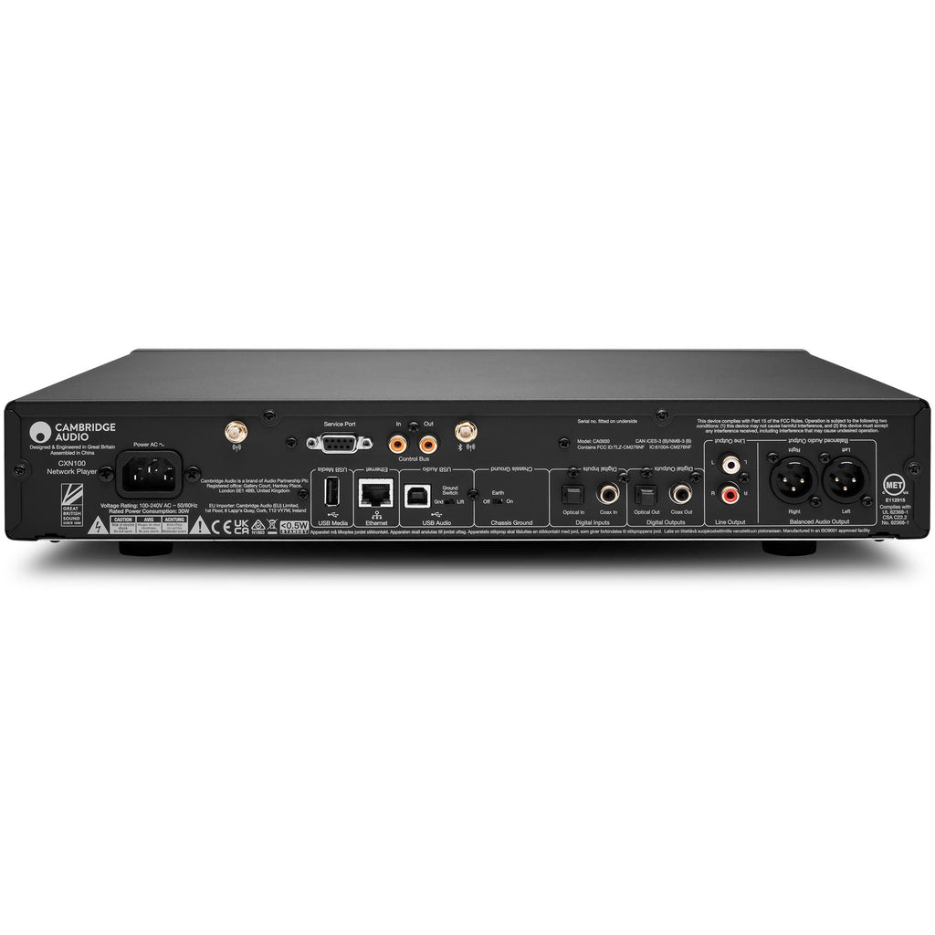 Cambridge Audio CXN100 SE music streamer in black, showcasing a sleek design and front display for high-quality audio streaming.