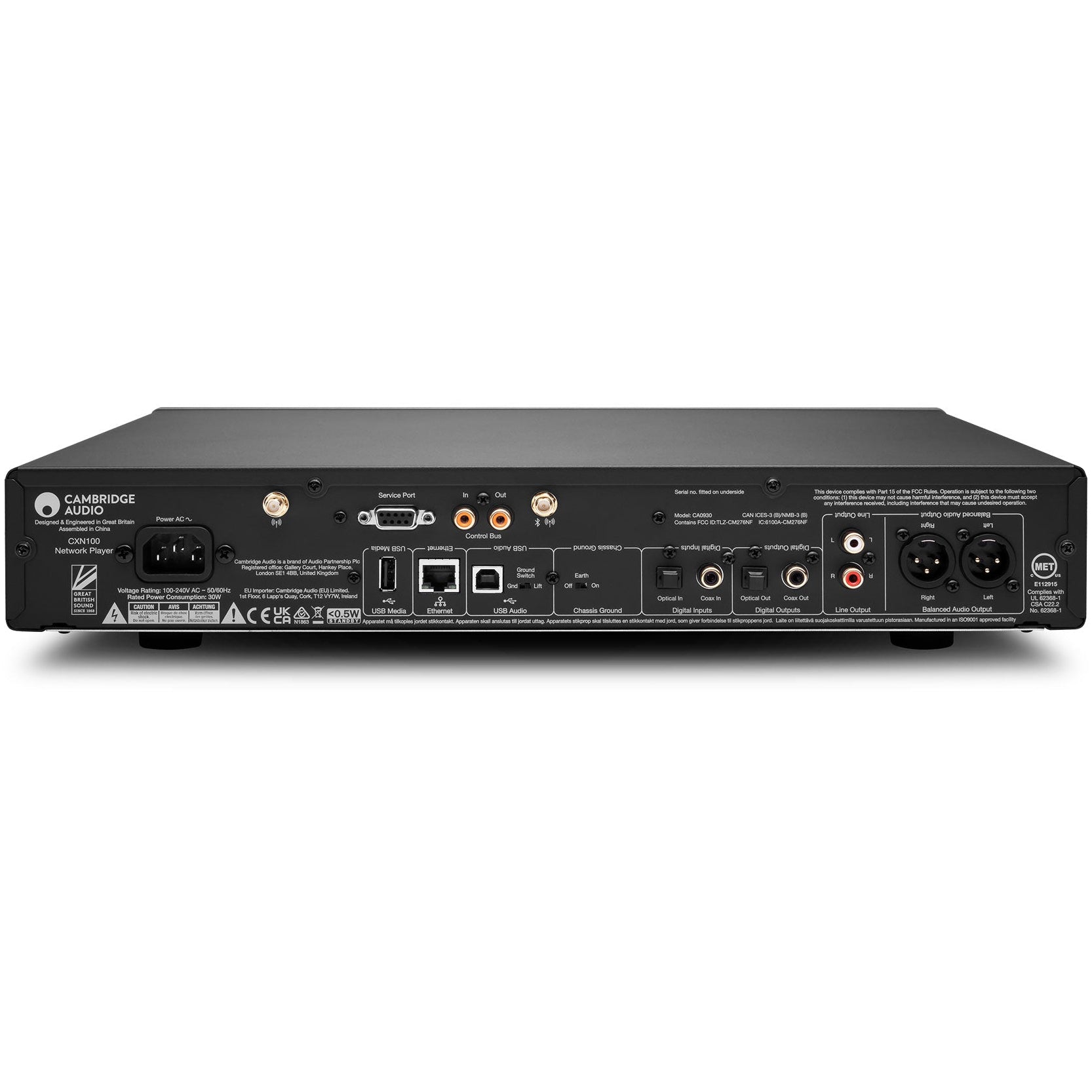 Cambridge Audio CXN100 SE music streamer in black, showcasing a sleek design and front display for high-quality audio streaming.