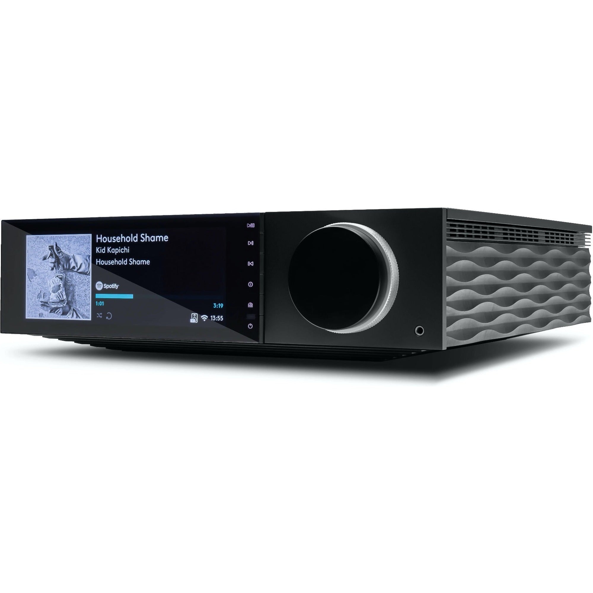 Cambridge Audio EVO 150 stereo amplifier with sleek black finish and control knobs, showcasing modern audio equipment design.