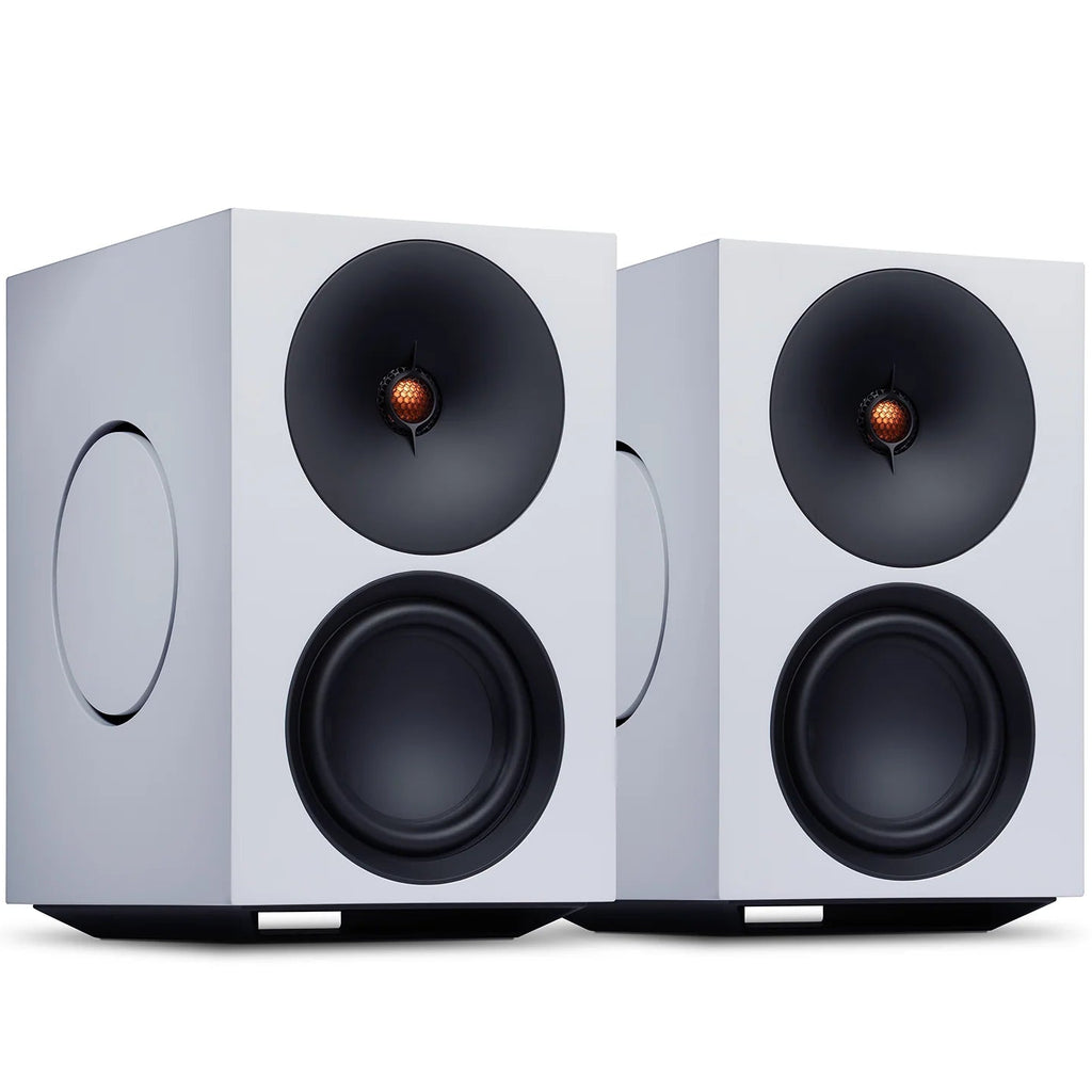 Cambridge Audio L/R X active bookshelf speakers, white, front view