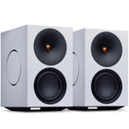 Cambridge Audio L/R X active bookshelf speakers, white, front view