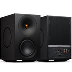 Cambridge Audio L/R X active bookshelf speakers, black, front view