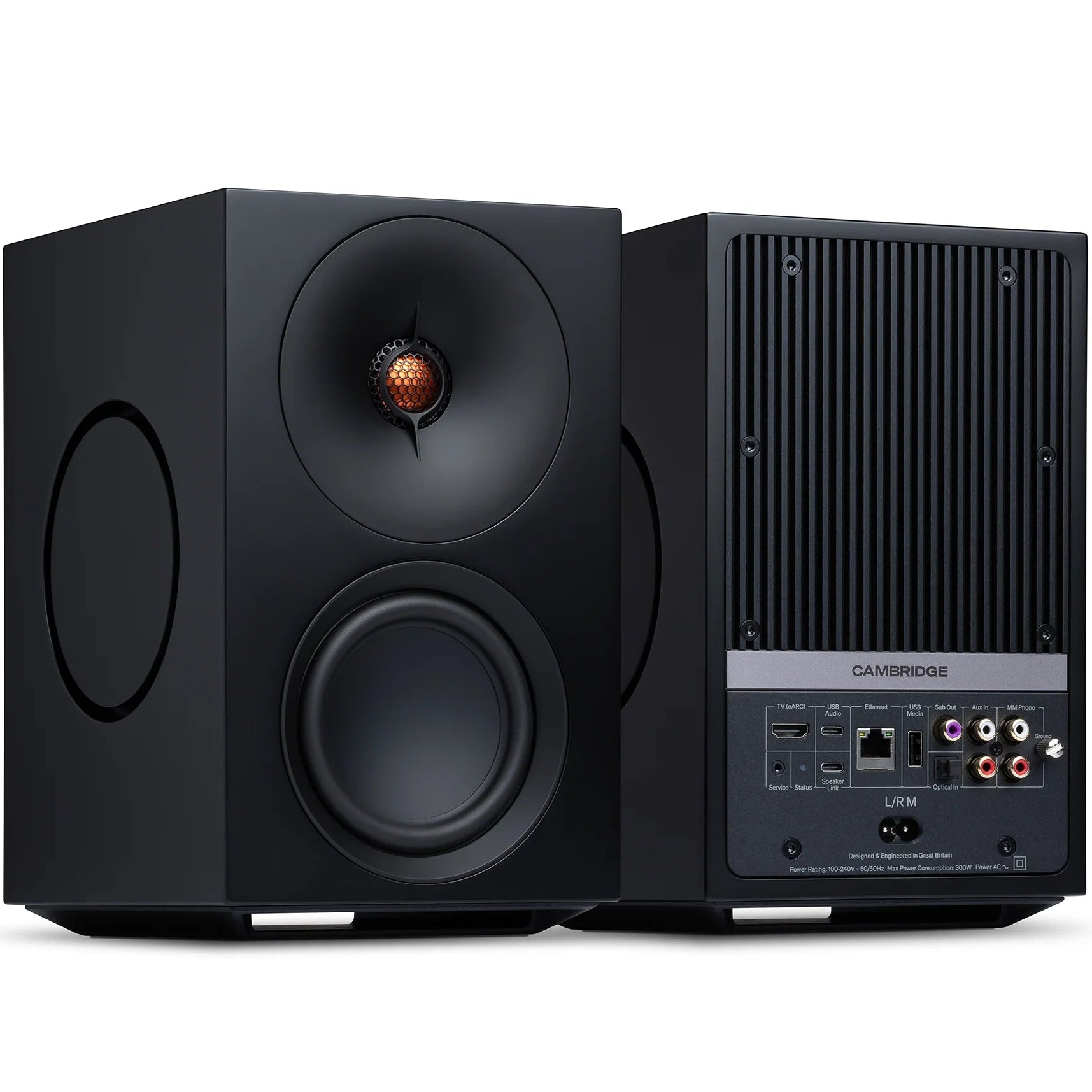 Cambridge Audio L/R M active bookshelf speakers in black, showing the sleek front view with speaker grills and control knobs.