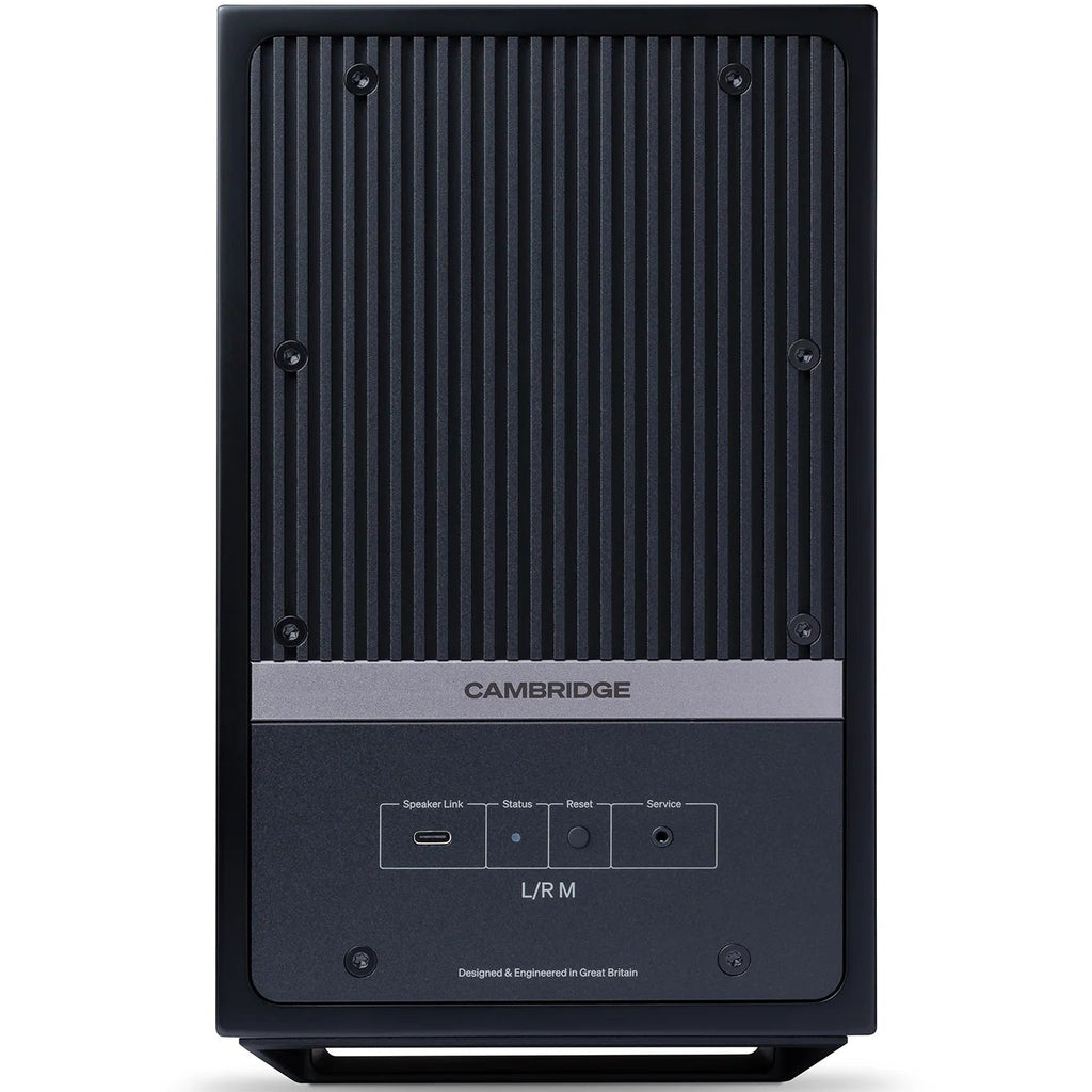 Cambridge Audio L/R M active bookshelf speakers in black, featuring compact design and high-quality audio output