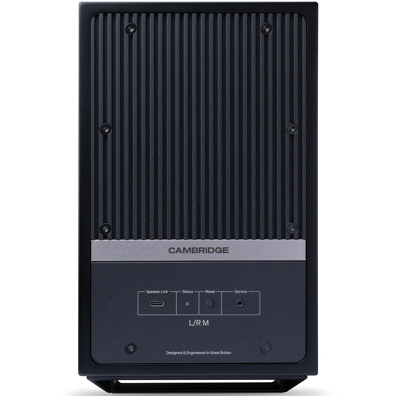 Cambridge Audio L/R M active bookshelf speakers in black, featuring compact design and high-quality audio output
