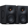 Cambridge Audio L/R M active bookshelf speakers in black, showcasing sleek design and front-facing speaker drivers.