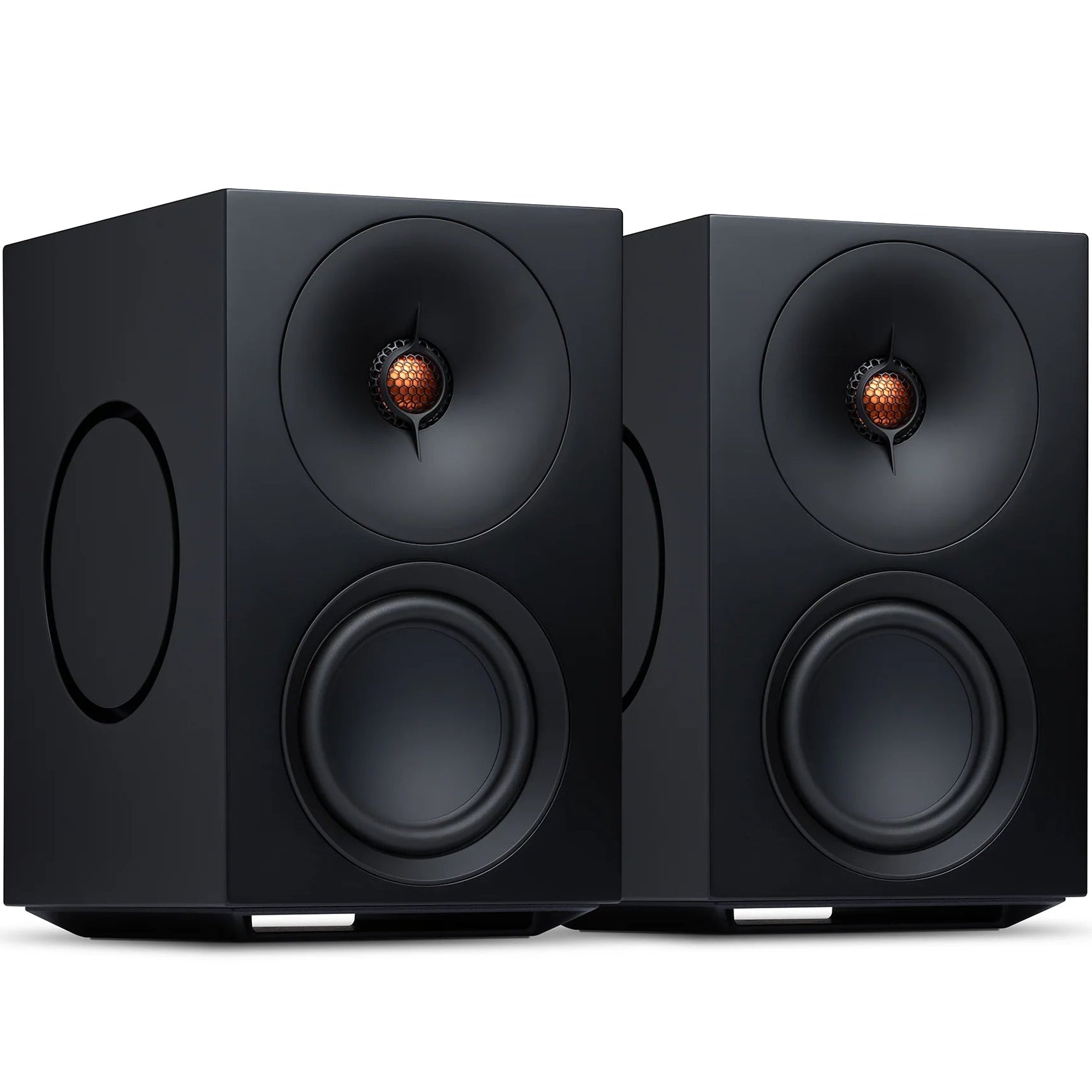 Cambridge Audio L/R M active bookshelf speakers in black, showcasing sleek design and front-facing speaker drivers.