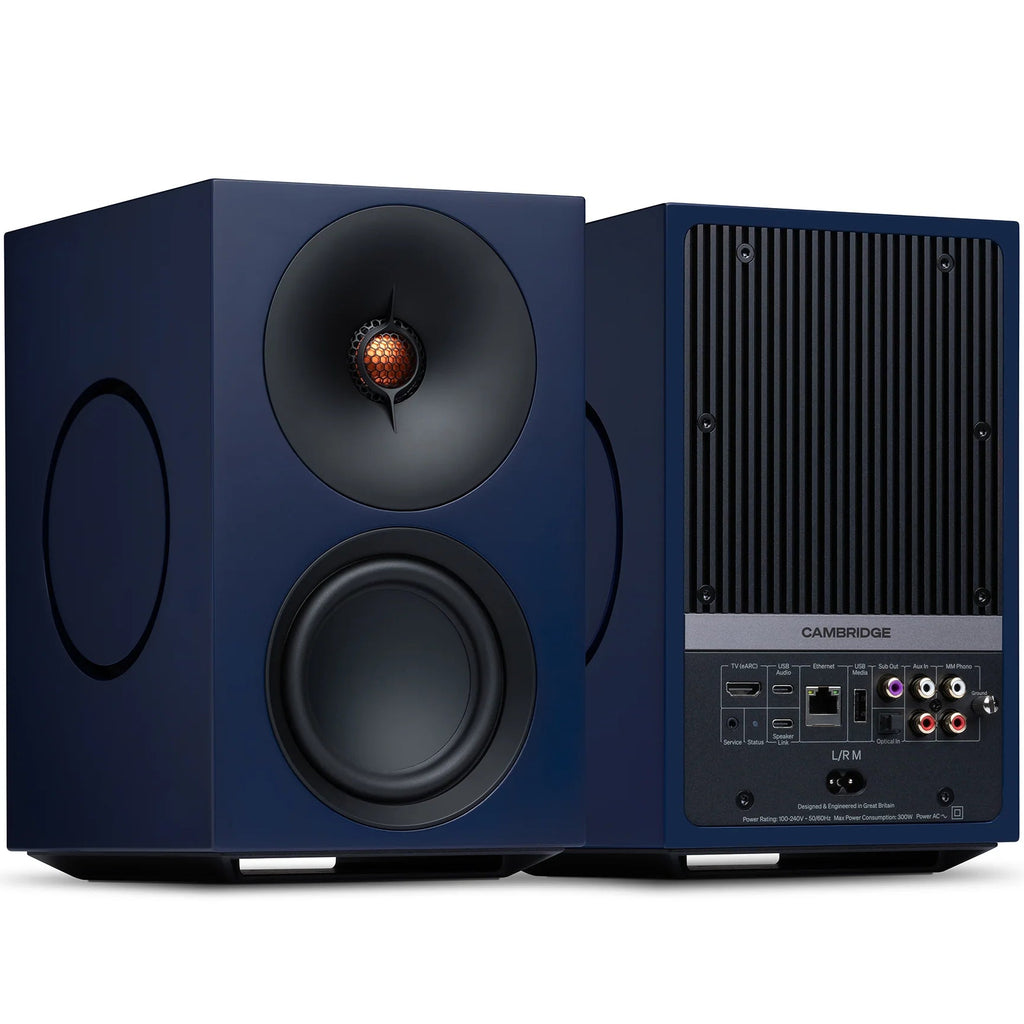 Cambridge Audio L/R M active bookshelf speakers in blue with sleek design and front-facing drivers.