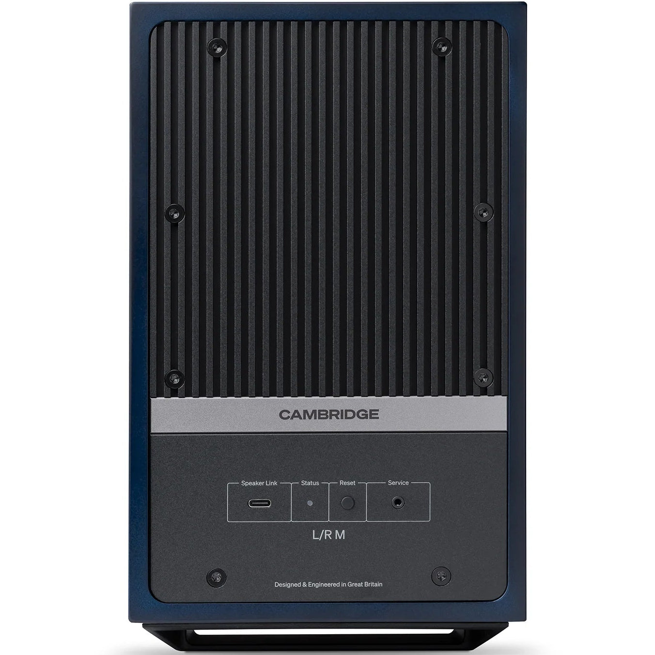 Cambridge Audio L/R M active bookshelf speakers in blue, showcasing a sleek design with front-facing drivers and a compact form.