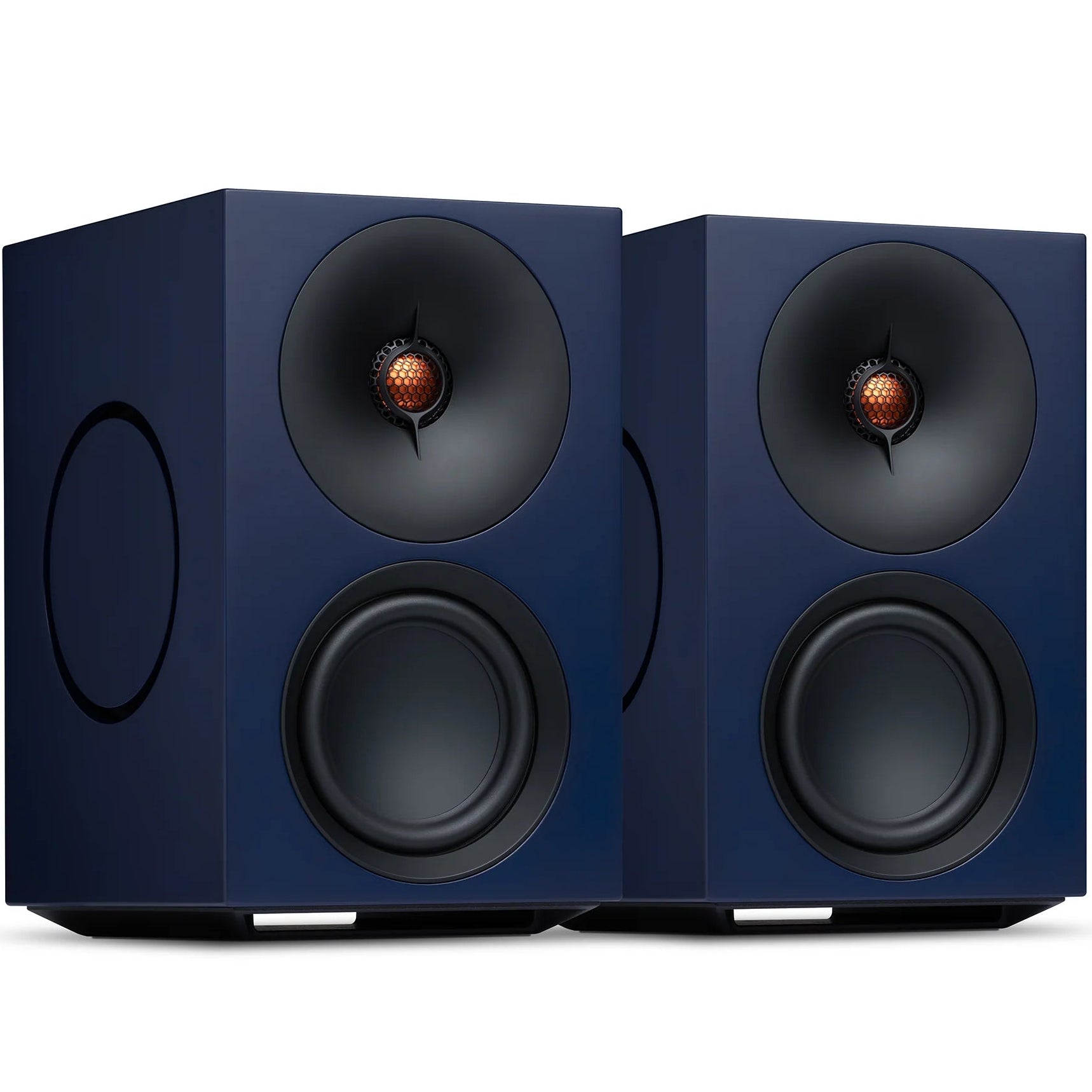 Cambridge Audio L/R M active bookshelf speakers in blue showing the front view with drivers and sleek design.