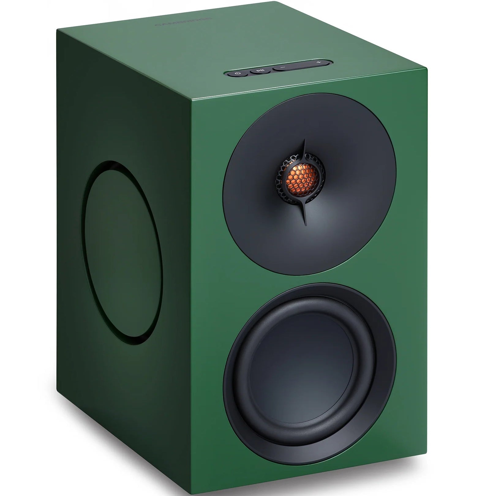 Cambridge Audio L/R M active bookshelf speakers in green, featuring sleek design and compact size for high-quality sound.