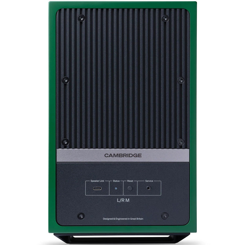Cambridge Audio L/R M active bookshelf speakers in vibrant green, showcasing sleek design and front-facing speaker drivers.