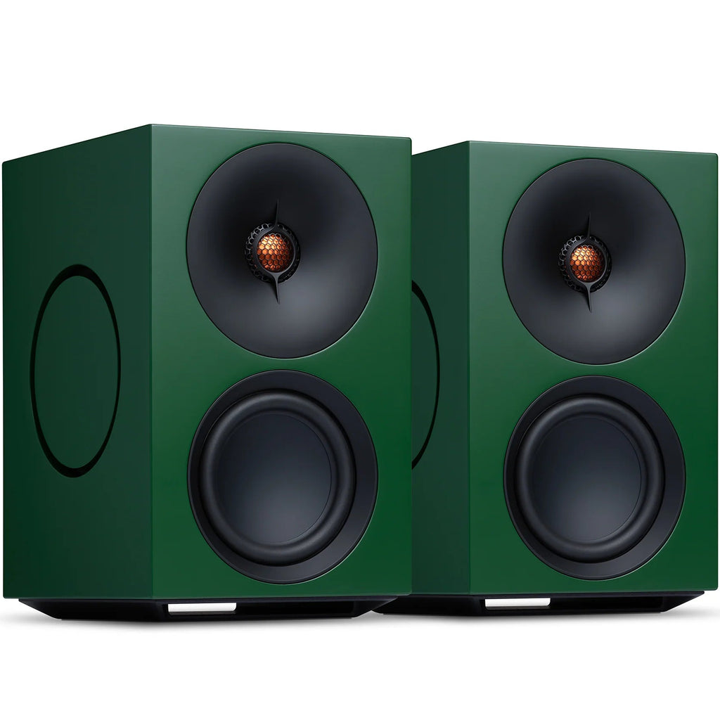 Cambridge Audio L/R M active bookshelf speakers in green, featuring sleek design and compact size for high-quality audio.