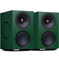 Cambridge Audio L/R M active bookshelf speakers in green, featuring sleek design and compact size for high-quality audio.