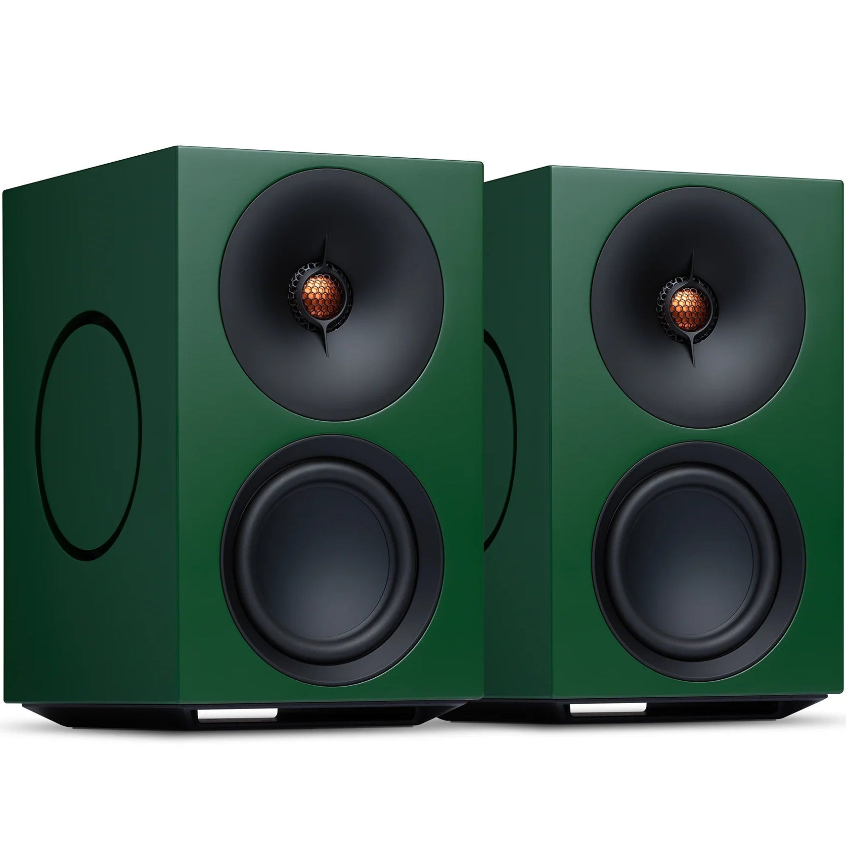 Cambridge Audio L/R M active bookshelf speakers in green, featuring sleek design and compact size for high-quality audio.