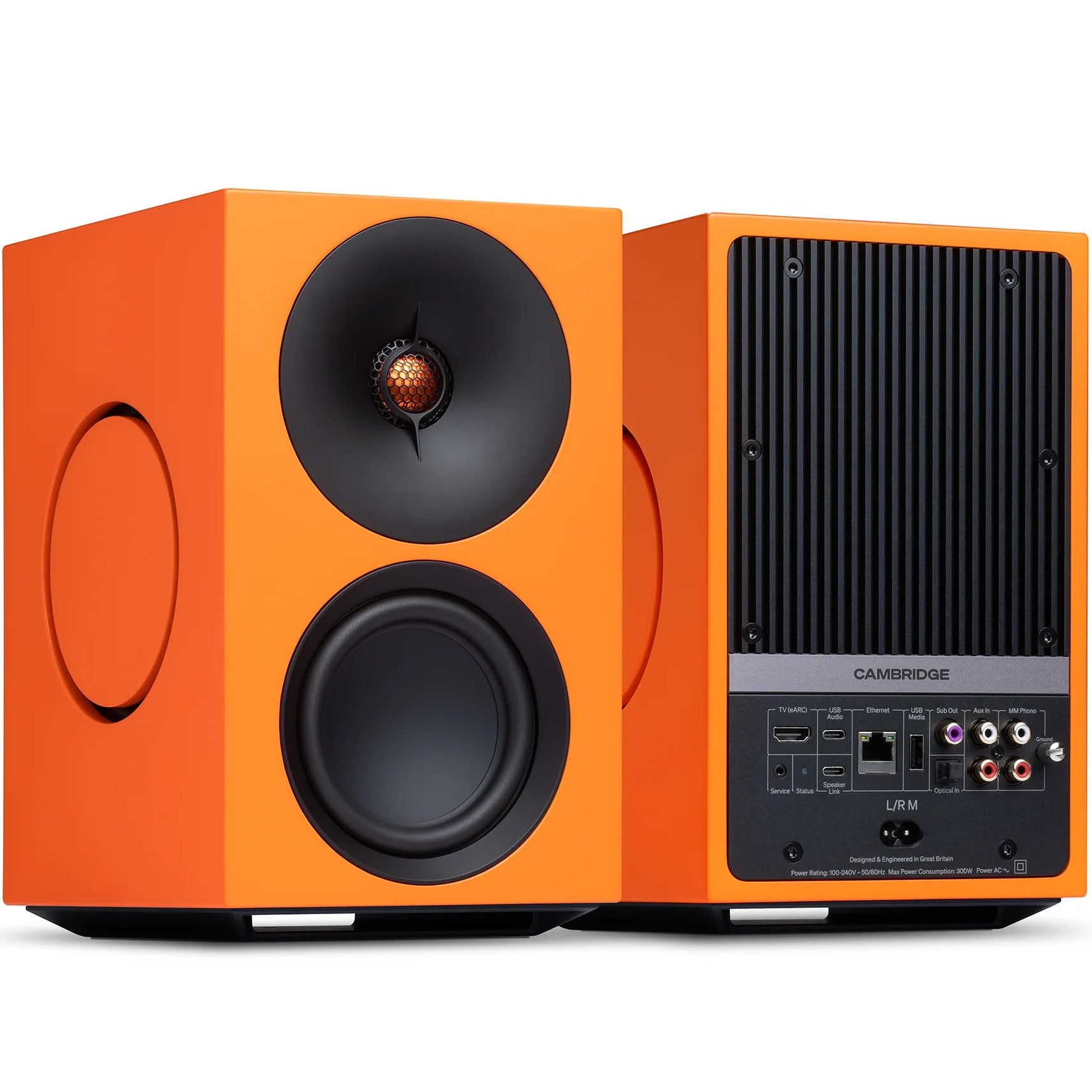 Cambridge Audio L/R M active bookshelf speakers with orange finish, showcasing sleek design and compact size.