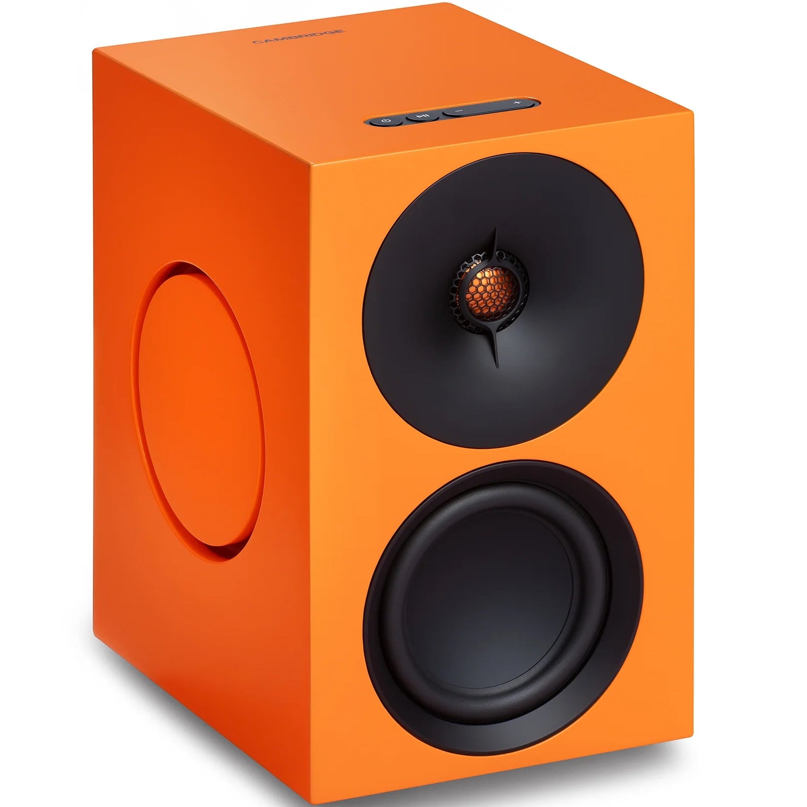 Cambridge Audio L/R M active bookshelf speakers in orange with black grilles, compact design, and front-facing controls.