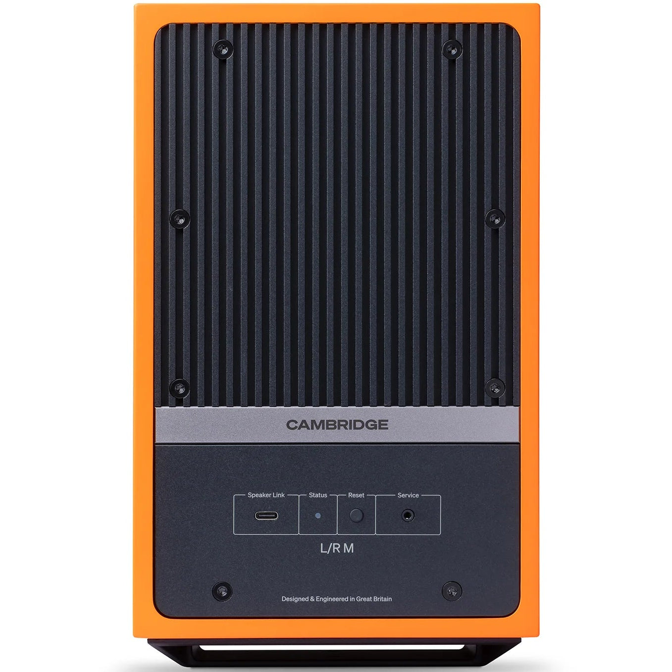 Cambridge Audio L/R M active bookshelf speakers with orange finish, showing the sleek, compact design and front speaker grilles.