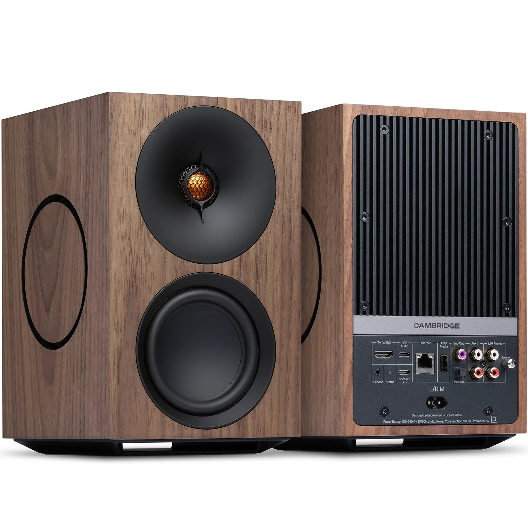 Cambridge Audio L/R M active bookshelf speakers in walnut finish, showcasing sleek design and front-facing drivers.