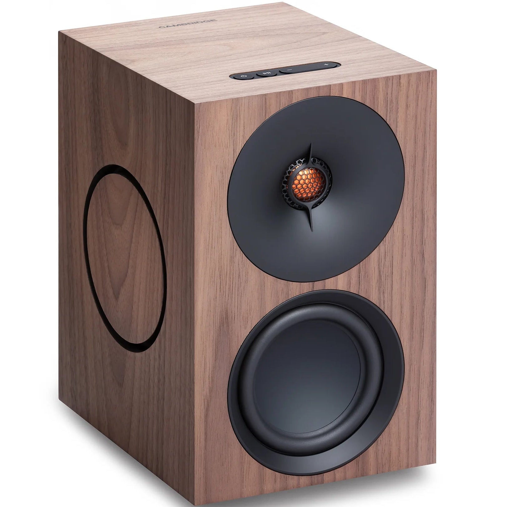 Cambridge Audio L/R M active bookshelf speakers in walnut finish, showcasing sleek design and front-facing drivers.