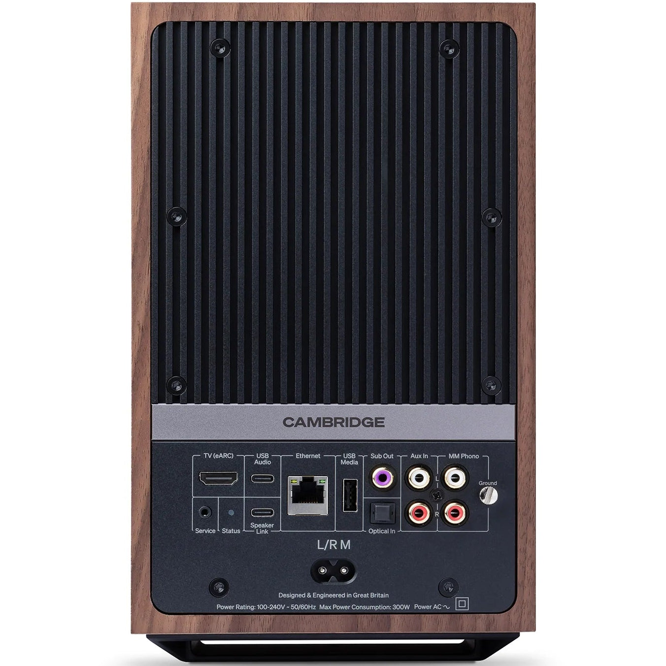 Cambridge Audio L/R M active bookshelf speakers in walnut finish, showing sleek design and speaker grille on front.