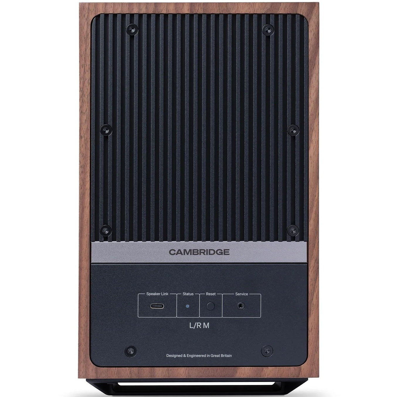 Cambridge Audio L/R M active bookshelf speakers in walnut finish, showcasing the sleek design and compact size.