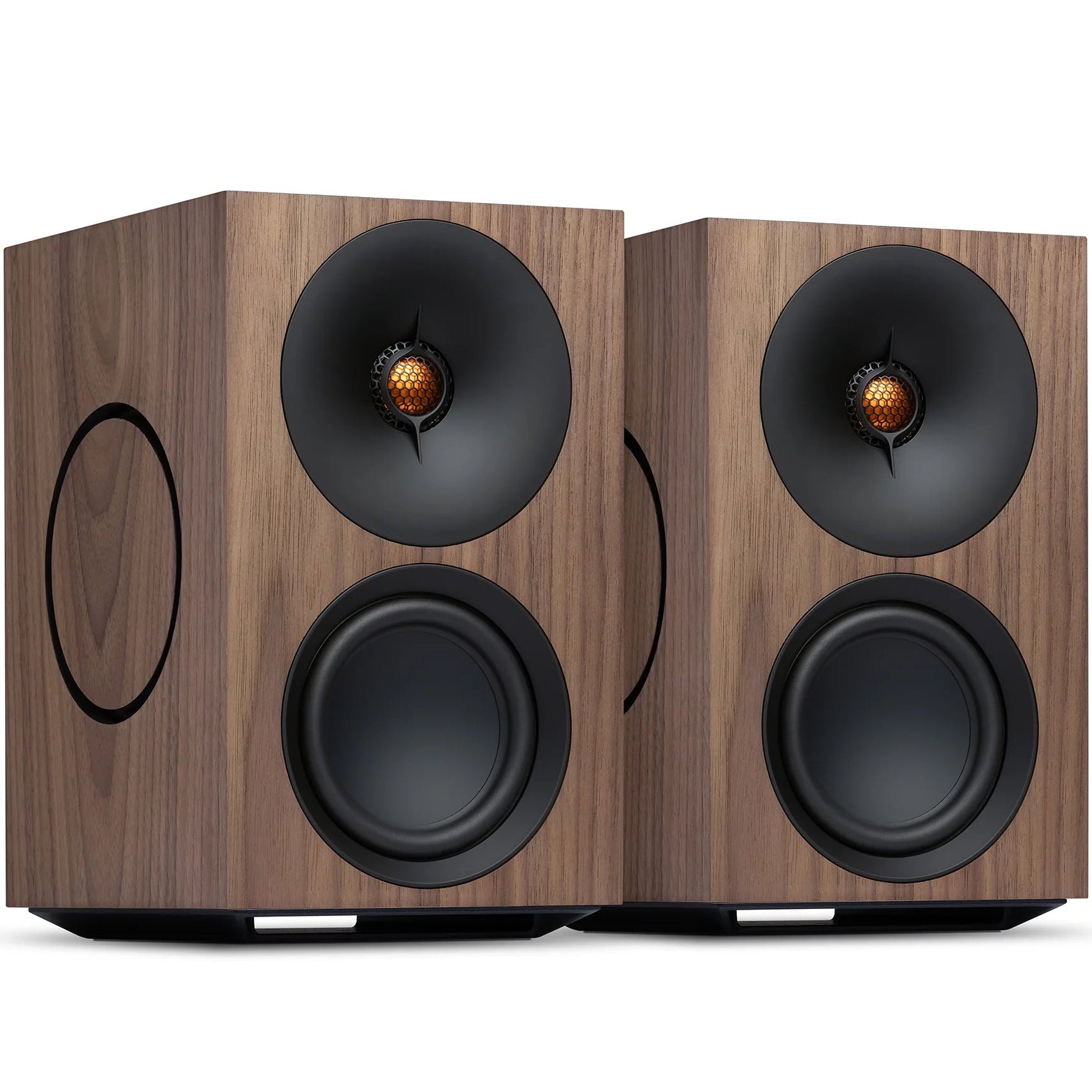 Pair of Cambridge Audio L/R M active bookshelf speakers in walnut finish, showcasing sleek design and front-facing speaker drivers.