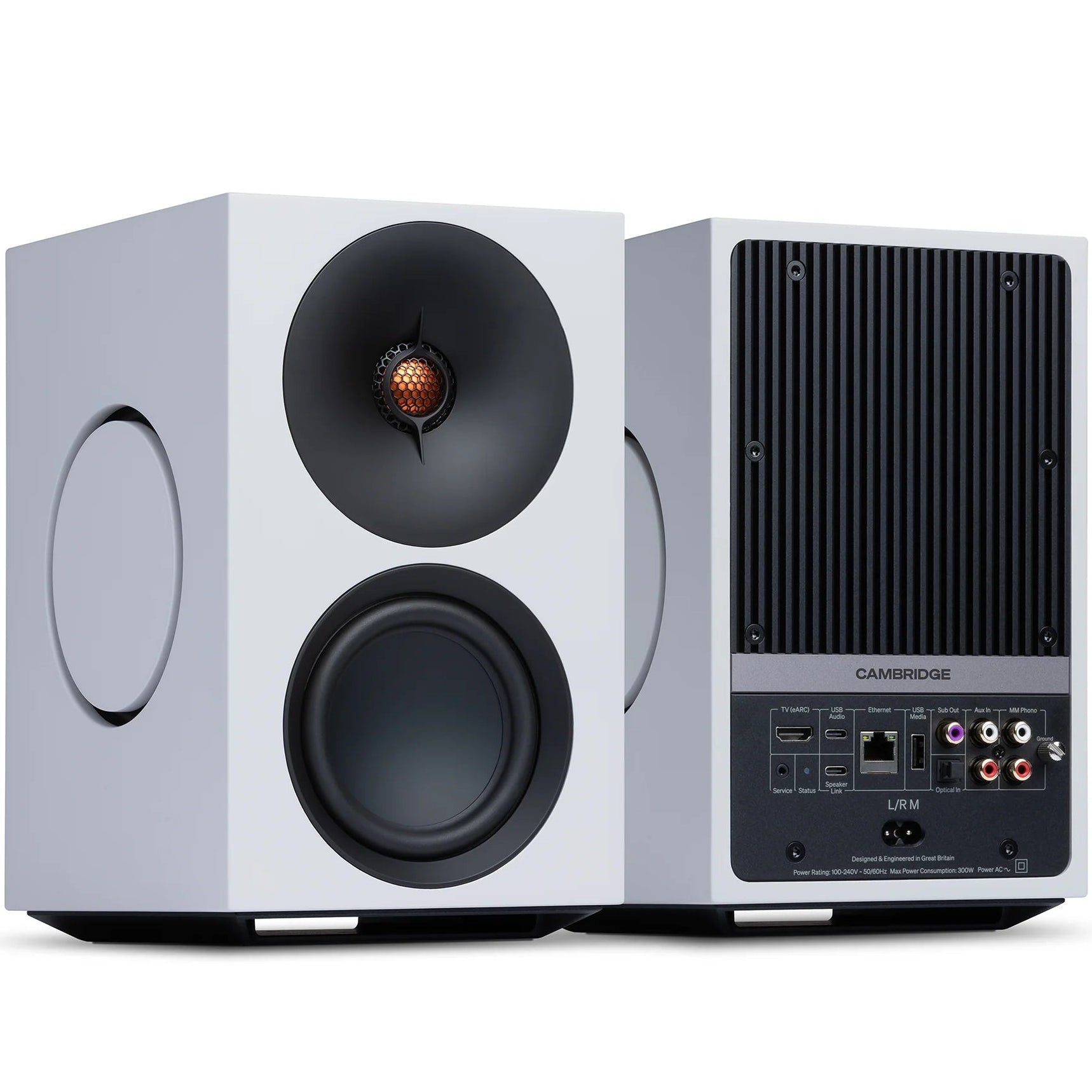 Cambridge Audio L/R M active bookshelf speakers in white, showcasing sleek design and speaker drivers on front panels.