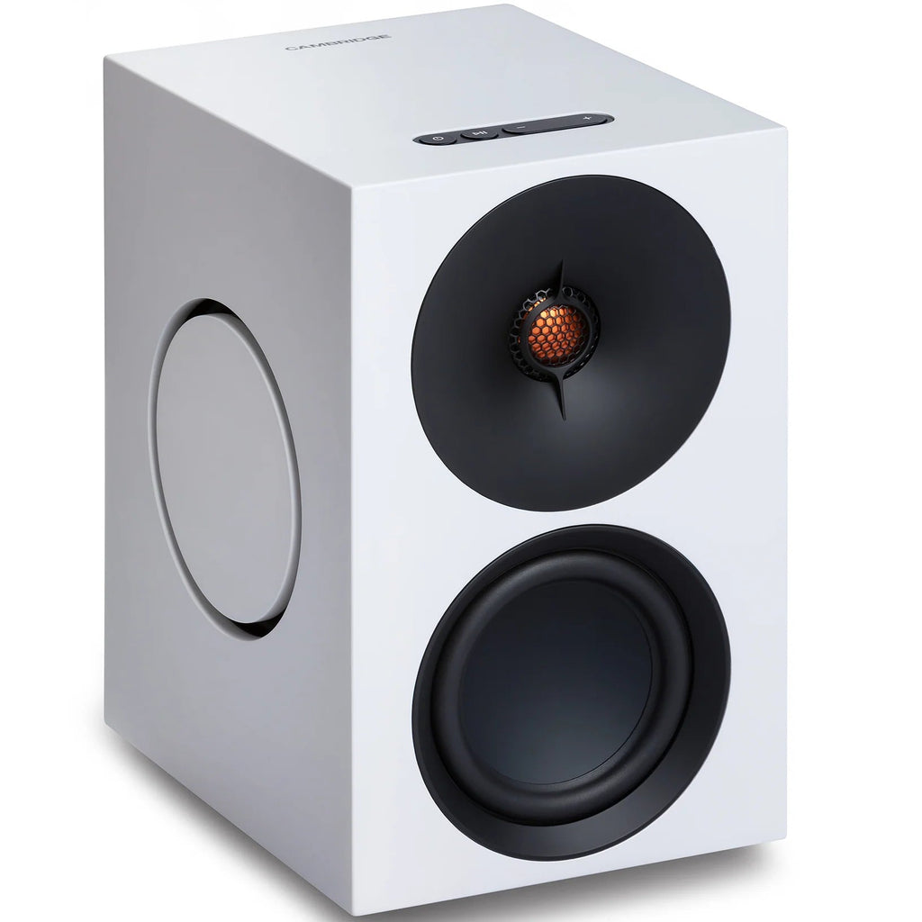 White Cambridge Audio L/R M active bookshelf speakers with sleek design and front-facing drivers for high-quality sound.