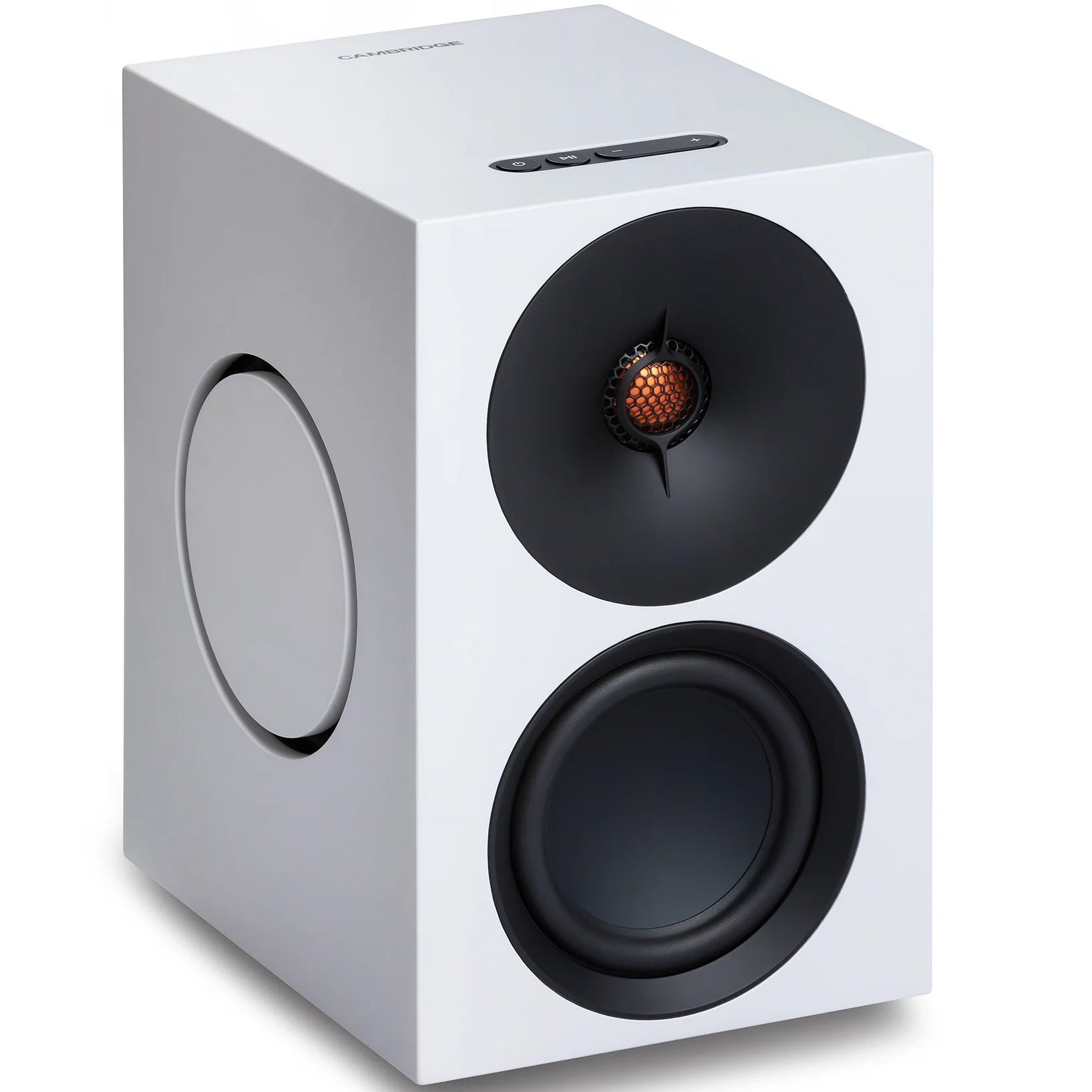 White Cambridge Audio L/R M active bookshelf speakers with sleek design and front-facing drivers for high-quality sound.
