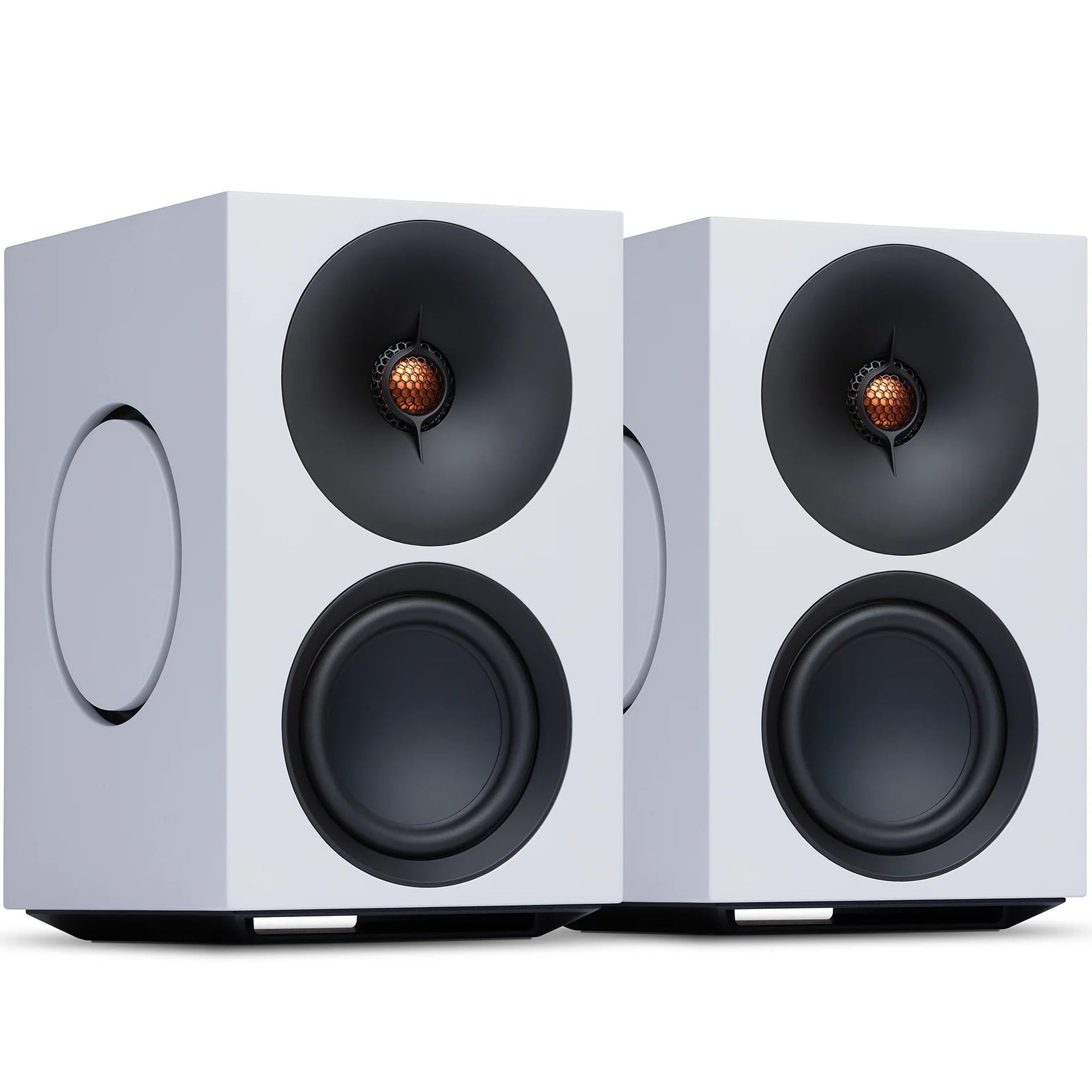 Cambridge Audio L/R M active bookshelf speakers in white with sleek design and visible speaker drivers.