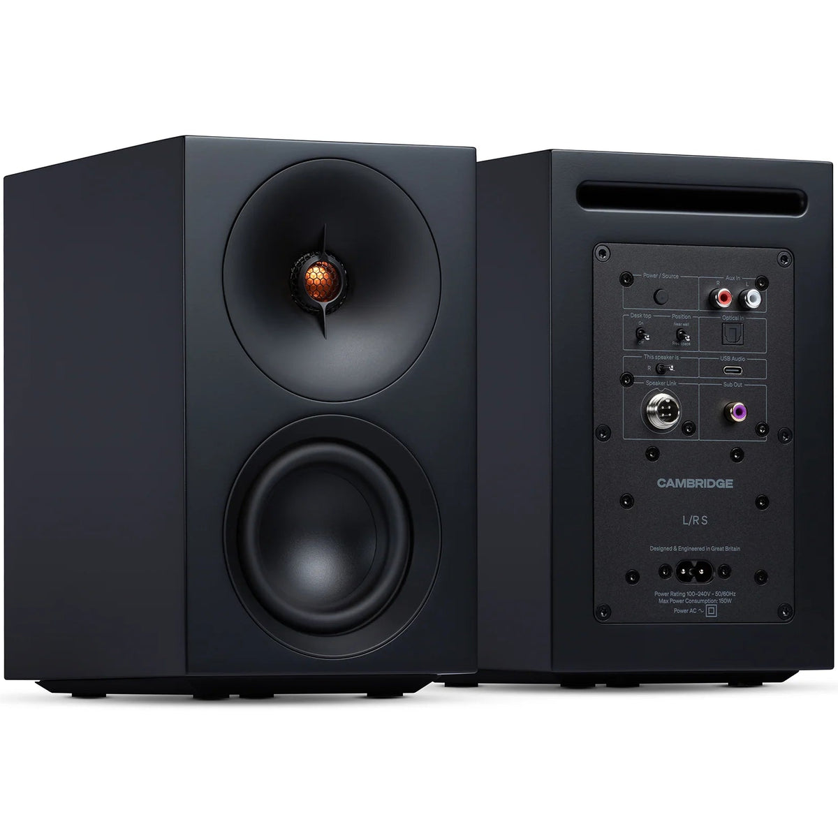 Black Cambridge Audio L/R S active bookshelf speakers showing front view with drivers and sleek design.