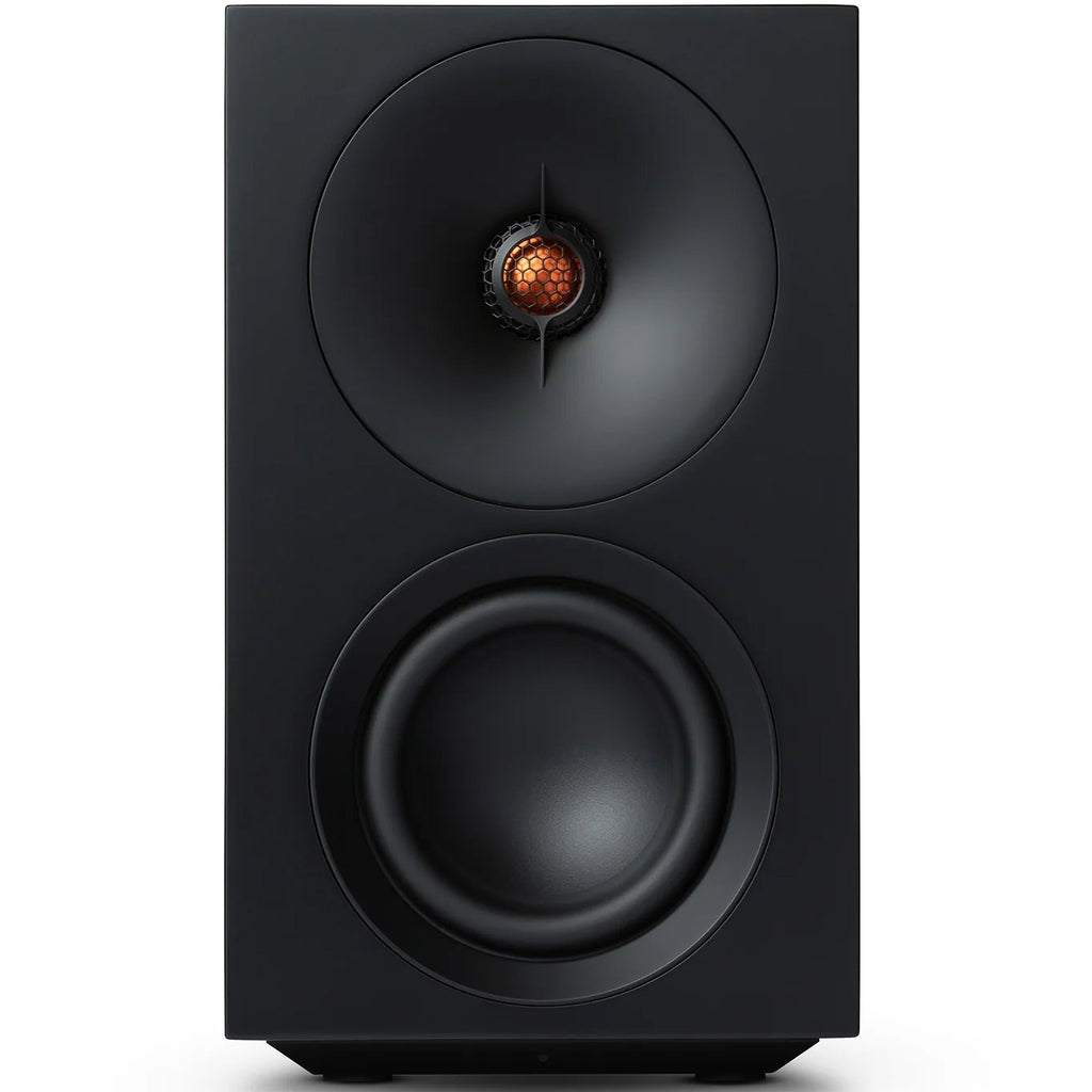 Black Cambridge Audio L/R S active bookshelf speakers showing sleek design with front-facing drivers and compact build.