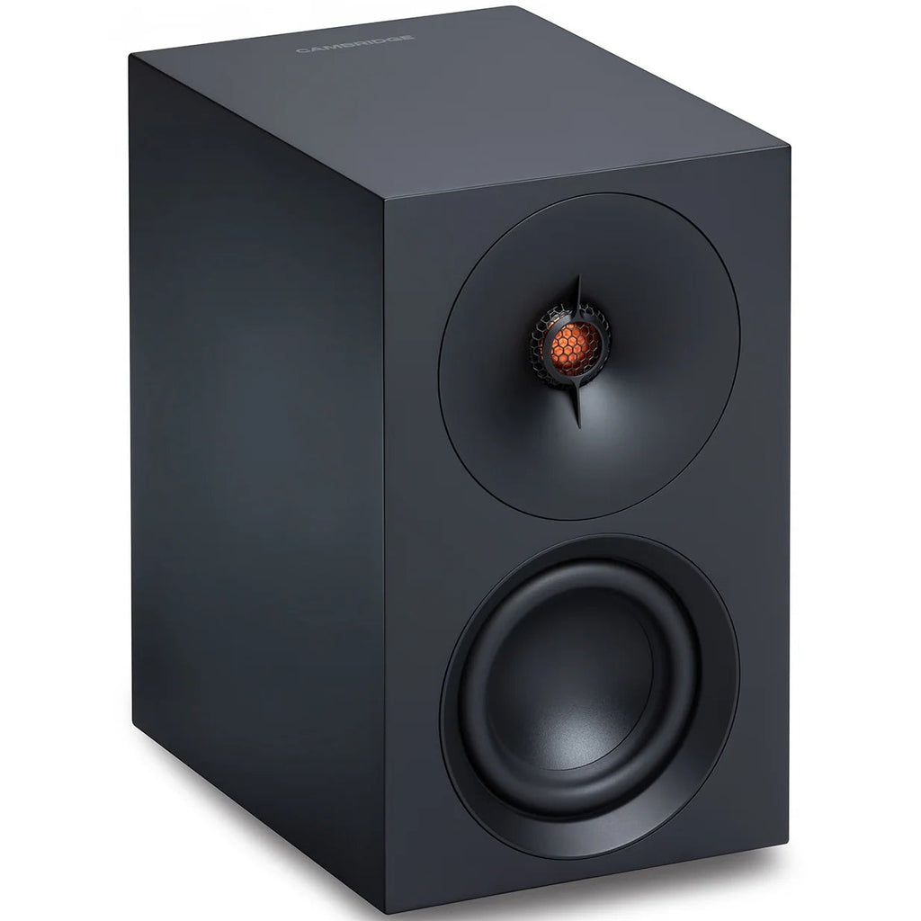 Cambridge Audio L/R S active bookshelf speakers in black showing front view with speaker grilles and control knobs.