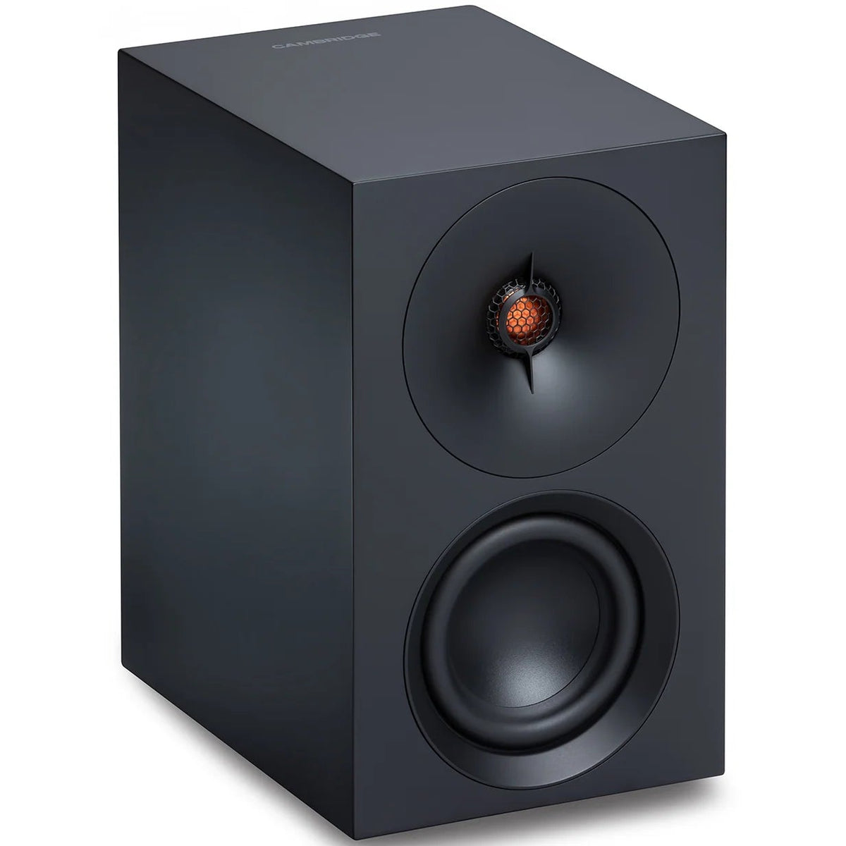 Cambridge Audio L/R S active bookshelf speakers in black showing front view with speaker grilles and control knobs.