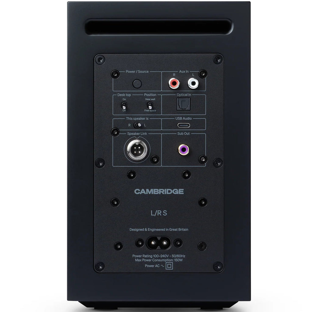 Black Cambridge Audio L/R S active bookshelf speakers showing sleek rectangular design with front-facing drivers and textured finish.