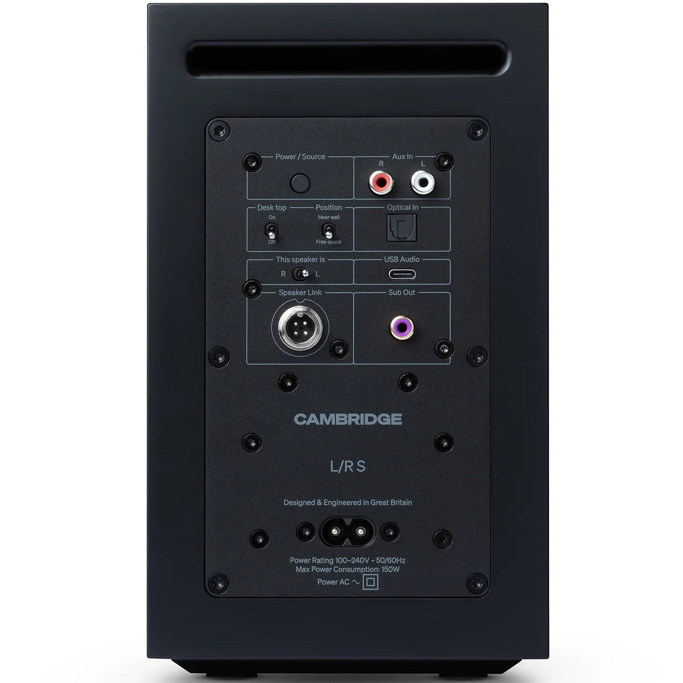 Black Cambridge Audio L/R S active bookshelf speakers showing sleek rectangular design with front-facing drivers and textured finish.