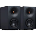 Black Cambridge Audio L/R S active bookshelf speakers with sleek design and front-facing speakers for high-quality audio.