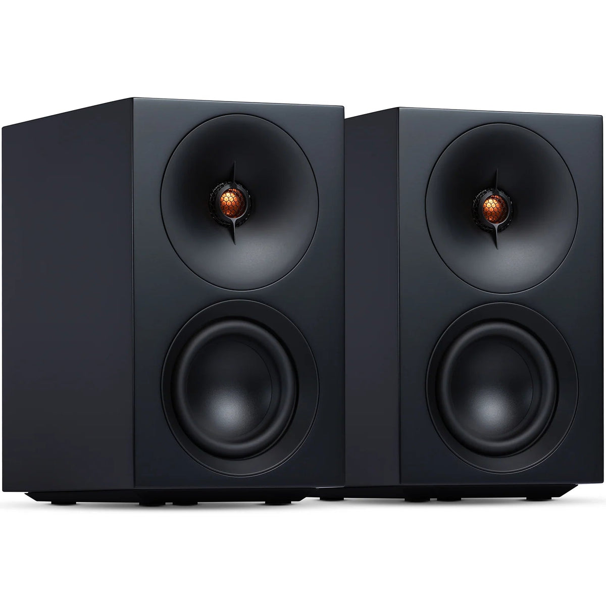 Black Cambridge Audio L/R S active bookshelf speakers with sleek design and front-facing speakers for high-quality audio.