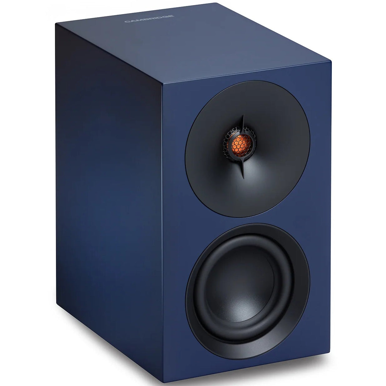 Cambridge Audio L/R S active bookshelf speakers in blue, front view showing speaker drivers and sleek design.