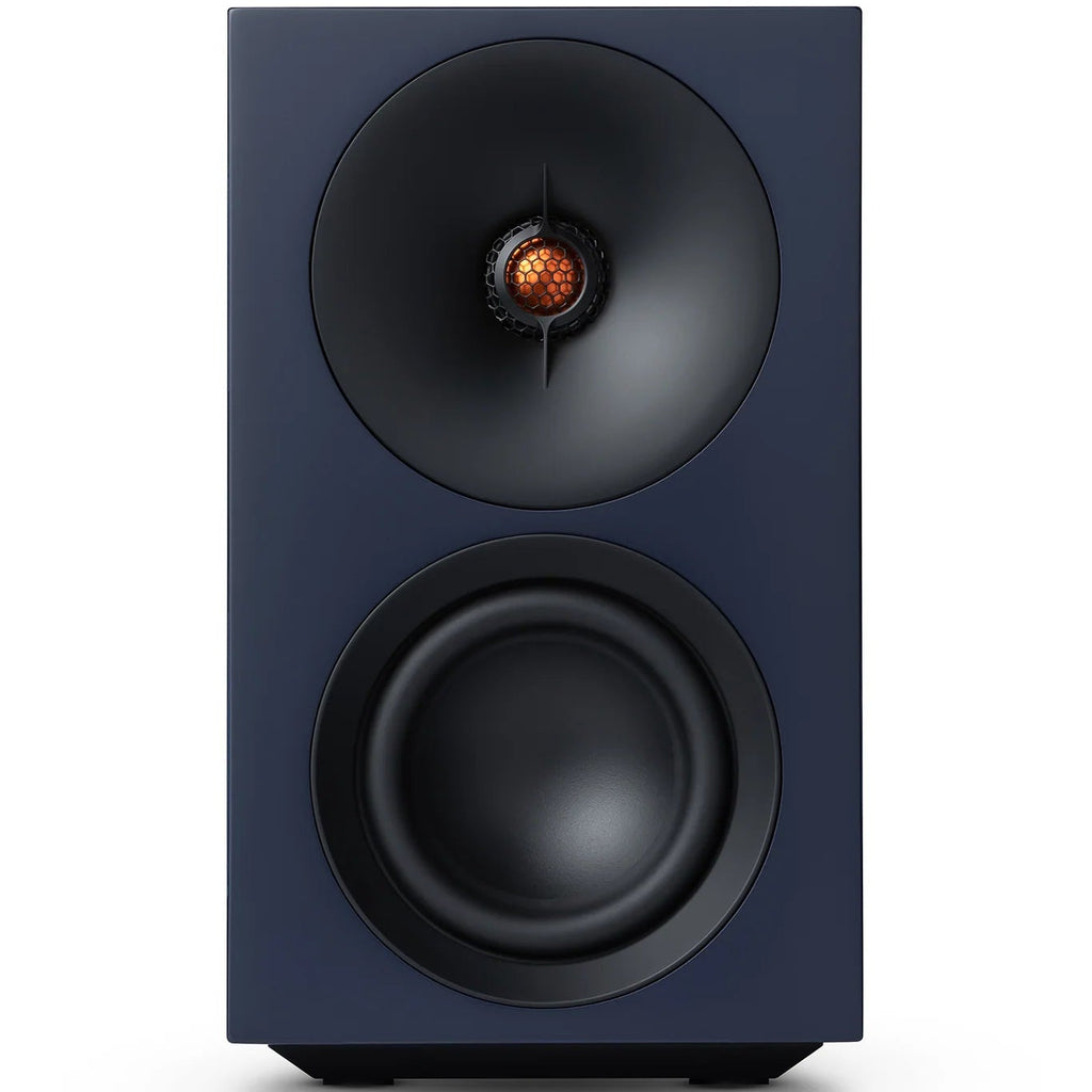 Cambridge Audio L/R S active bookshelf speakers in blue, showcasing sleek design and front-facing speaker drivers.