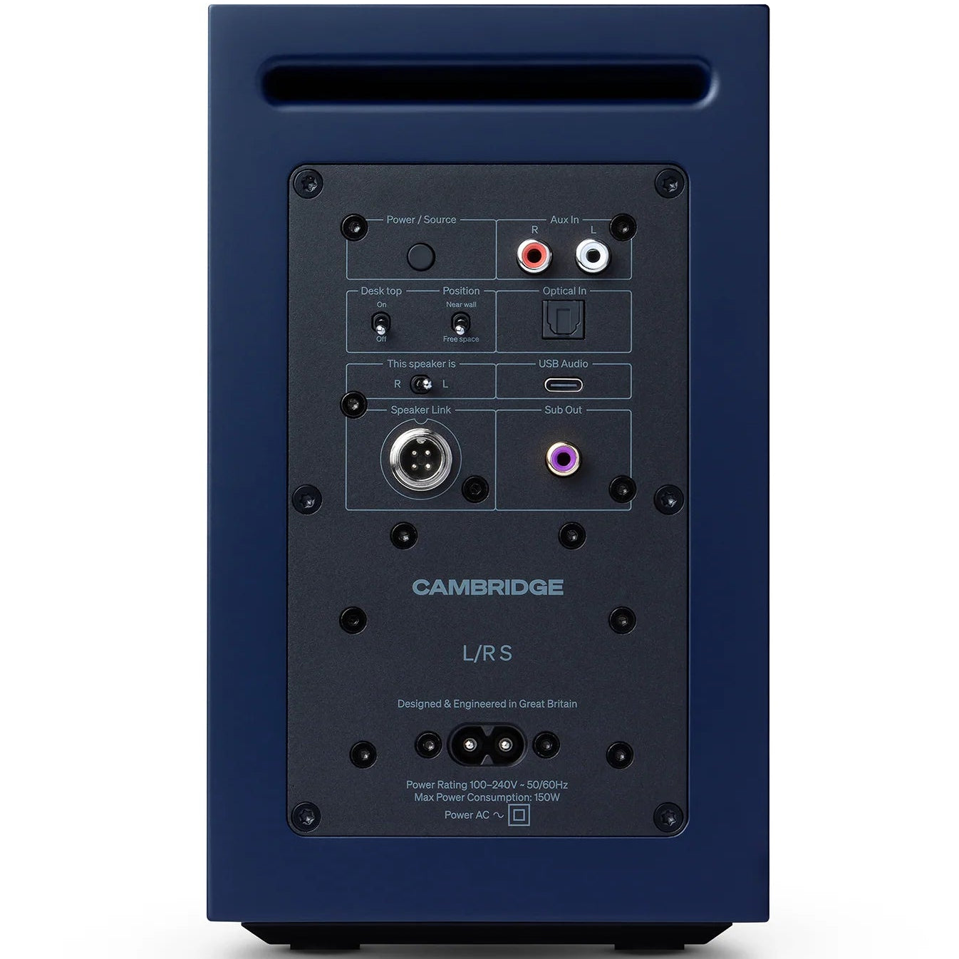Cambridge Audio L/R S active bookshelf speakers in blue, showcasing front view with speaker grilles and control knobs.
