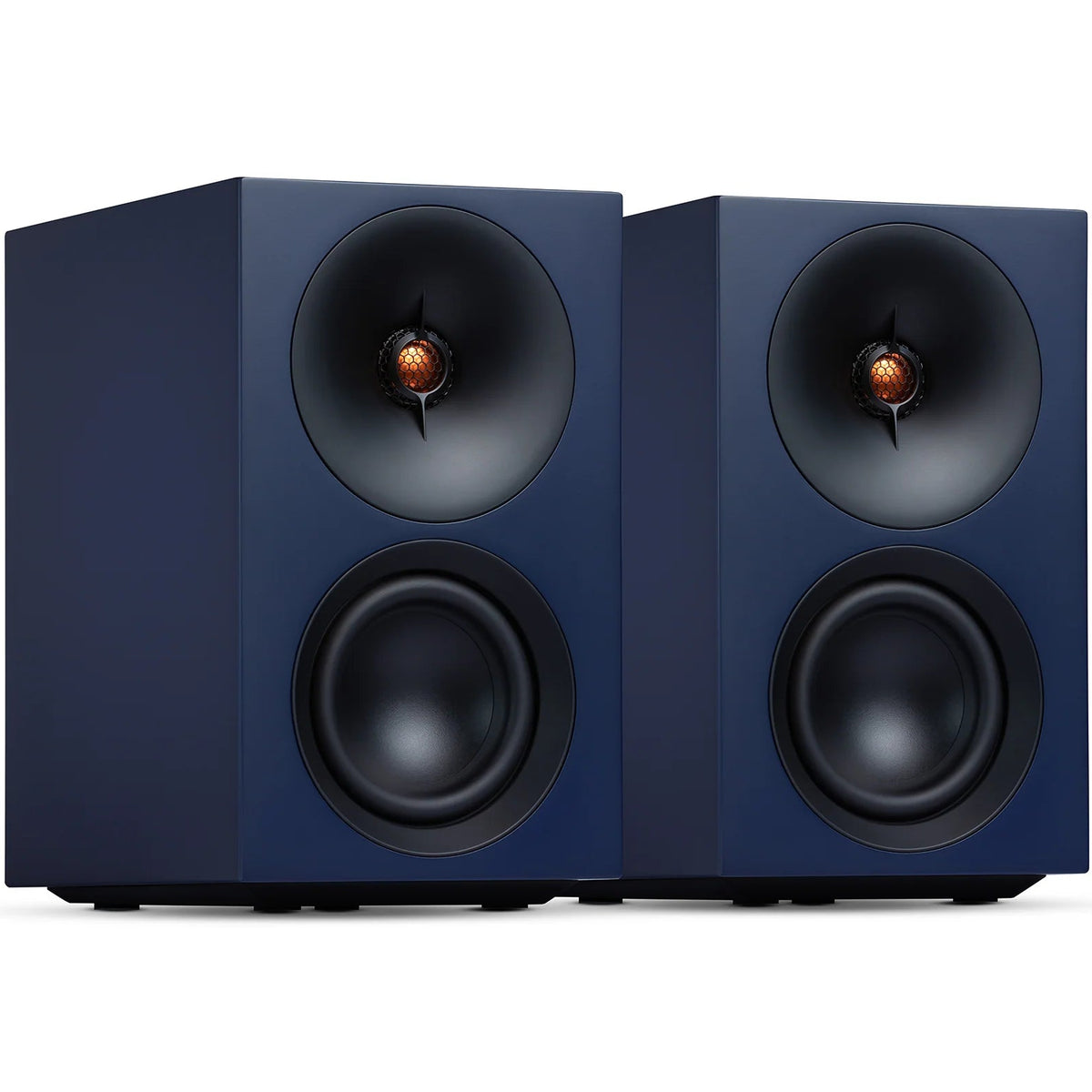 Cambridge Audio L/R S active bookshelf speakers in vibrant blue, with sleek design and front-facing speaker drivers.