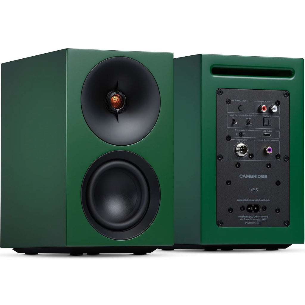 Cambridge Audio L/R S active bookshelf speakers in vibrant green, showcasing sleek design and compact size.