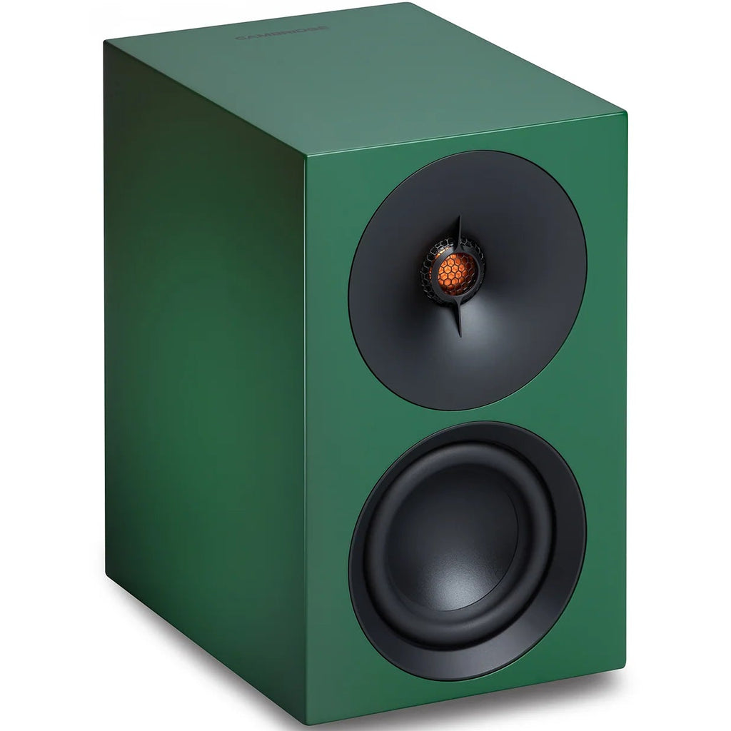 Cambridge Audio L/R S active bookshelf speakers in green with sleek design and front-facing drivers.