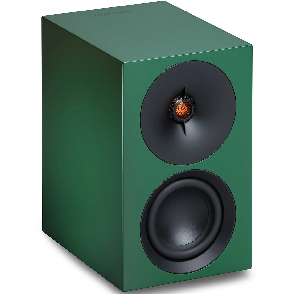 Cambridge Audio L/R S active bookshelf speakers in green with sleek design and front-facing drivers.