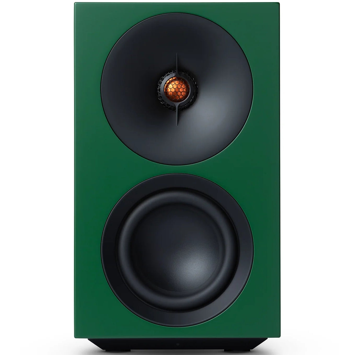 Cambridge Audio L/R S active bookshelf speakers in green with sleek design and front-facing speaker drivers.