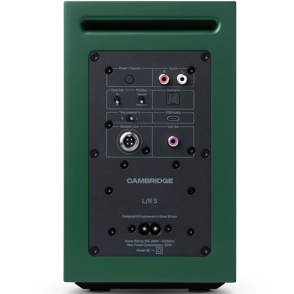 Cambridge Audio L/R S active bookshelf speakers in vibrant green, with sleek design and speaker grille visible.