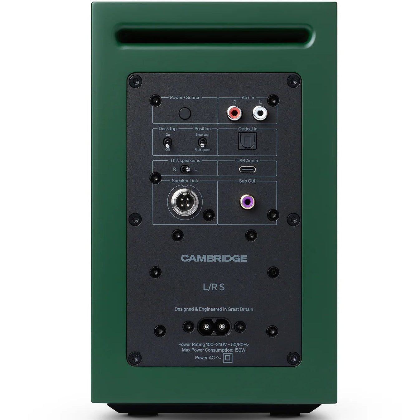 Cambridge Audio L/R S active bookshelf speakers in vibrant green, with sleek design and speaker grille visible.