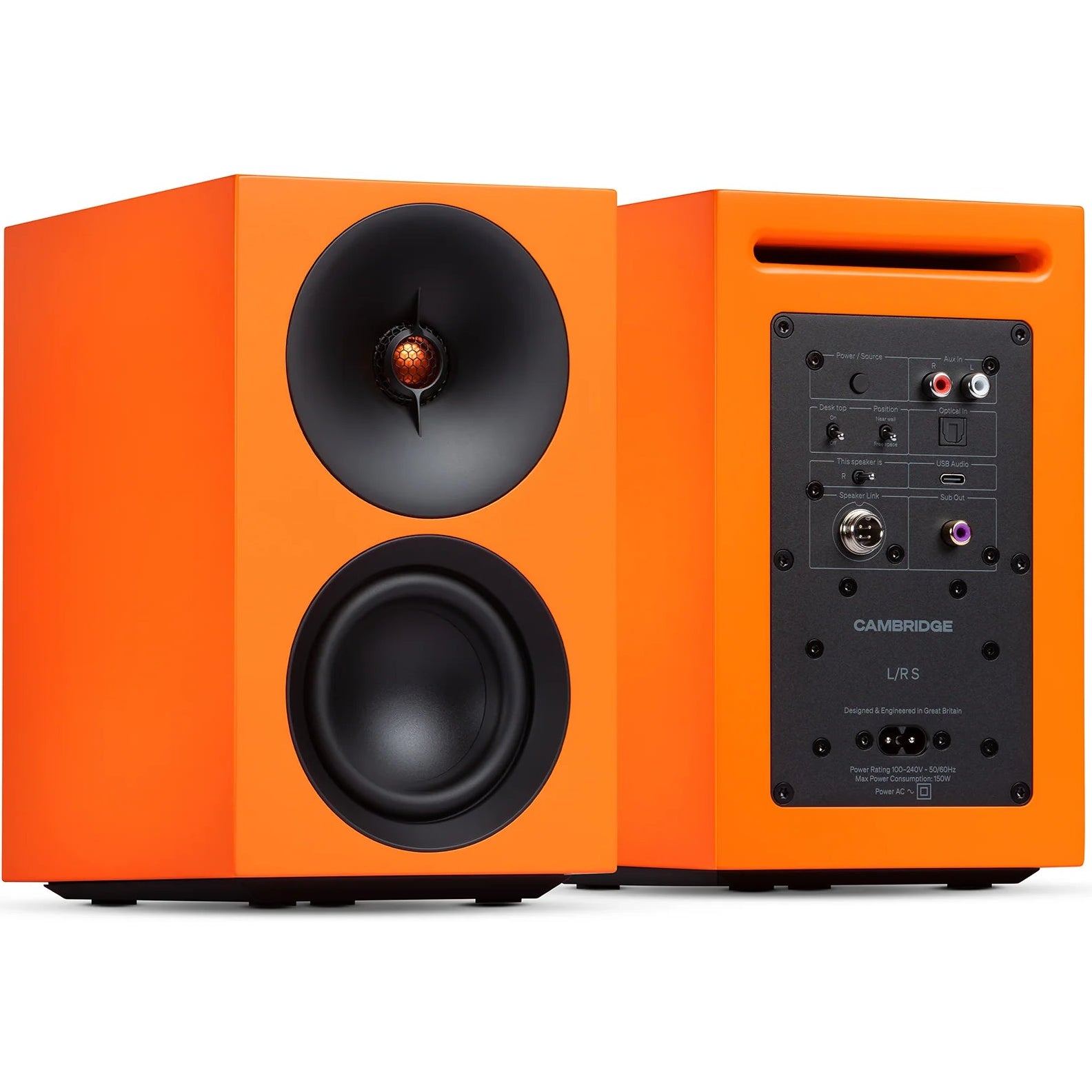 Cambridge Audio L/R S active bookshelf speakers in vibrant orange with sleek design and front-facing speaker drivers.